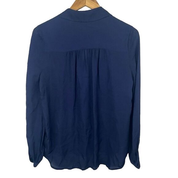 L'Agence Navy Blue Semi Sheer Silk Button Down Blouse XS Lace Trim - Picture 9 of 13